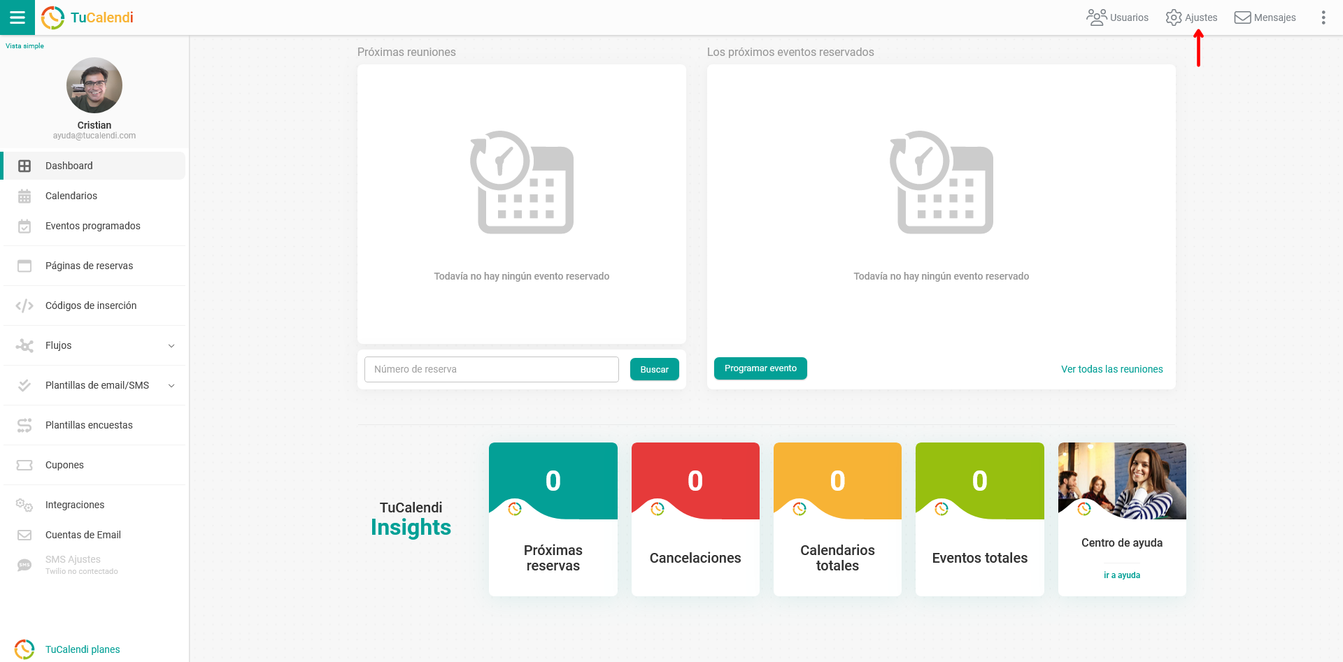 Dashboard acceso ajustes de la cuenta