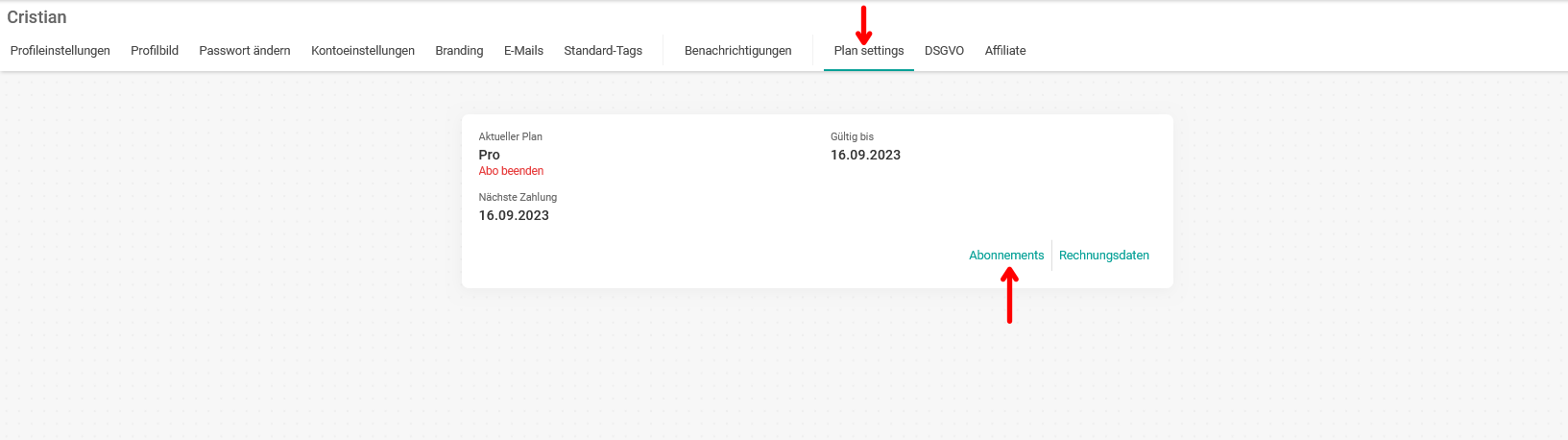 Einstellungen abonnements