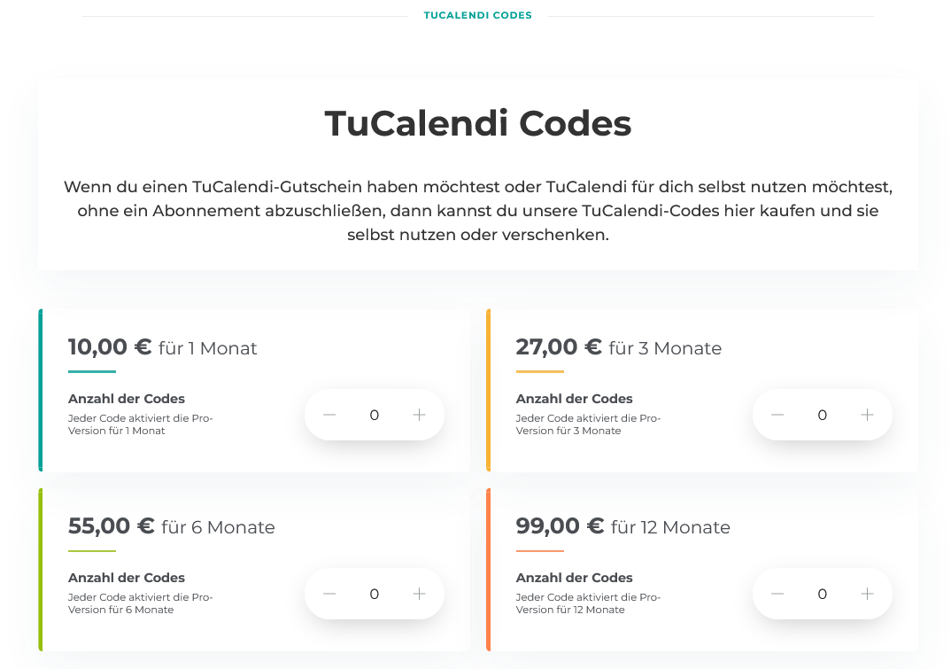 TuCalendi codes preisseite