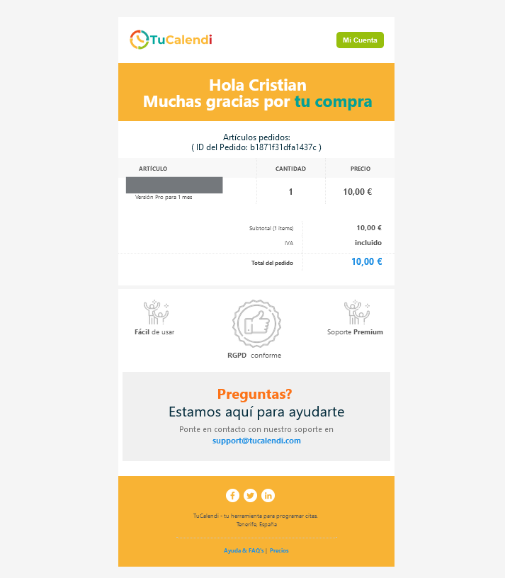 Email con el código de TuCalendi comprado