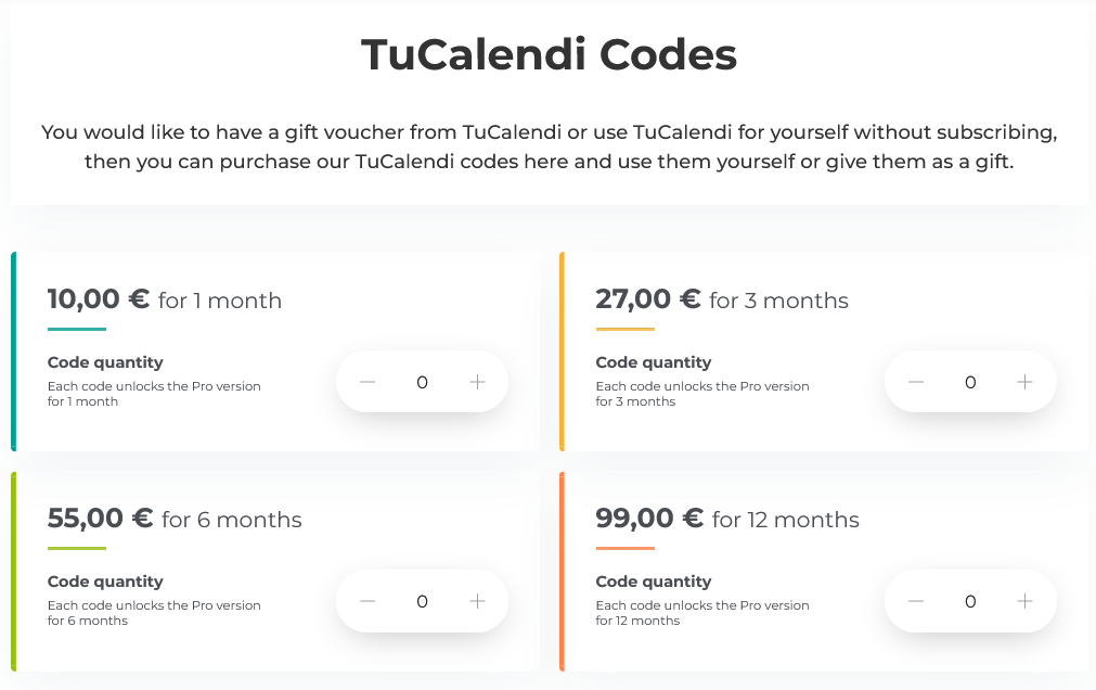 TuCalendi codes prices