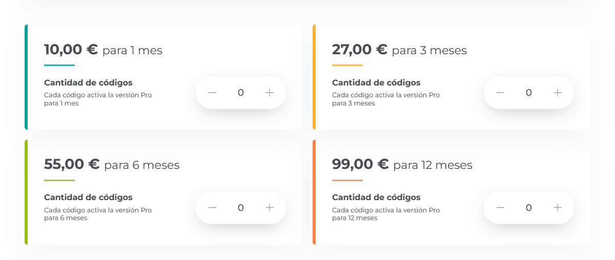 Precios de los códigos de TuCalendi