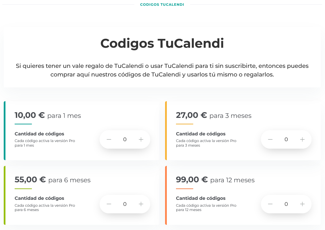 Sección códigos en la página de precios
