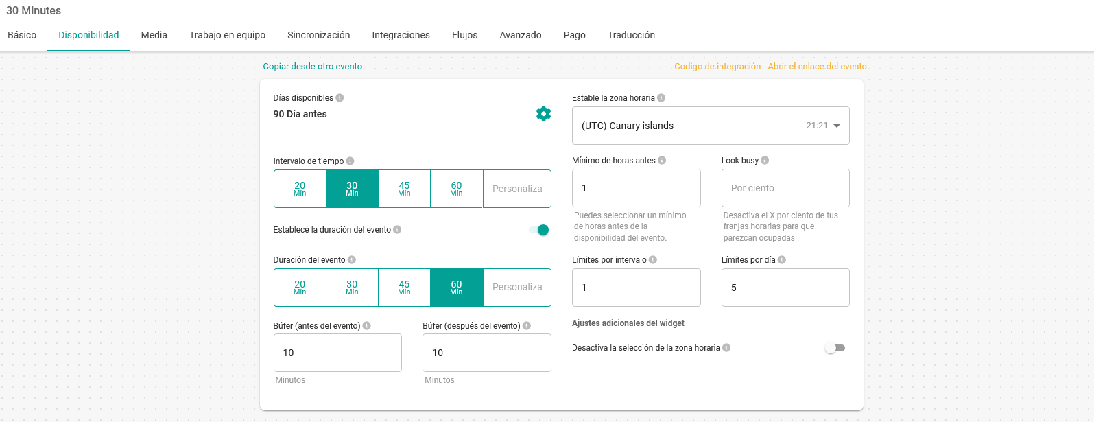 Configurar los buffer de tiempo en TuCalendi