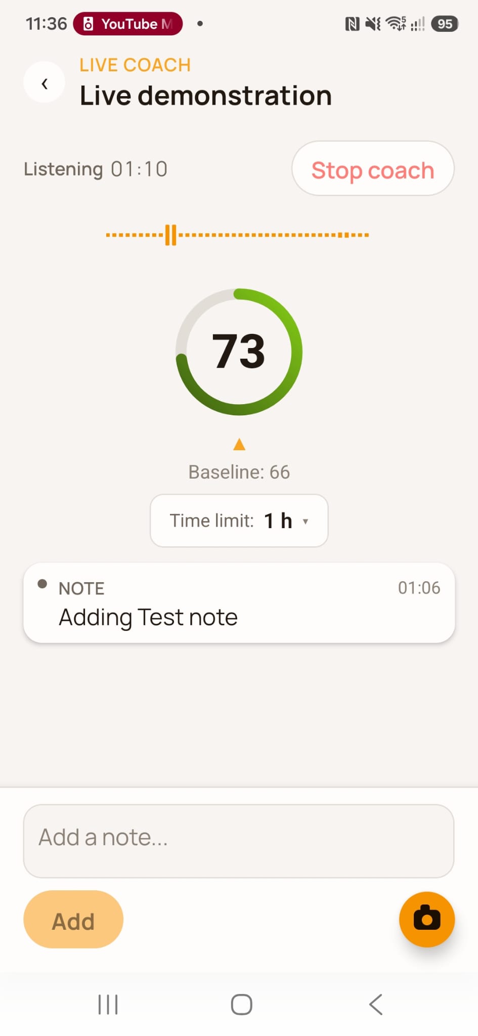 Adding a note during an AI coaching session in Meetfy.ai