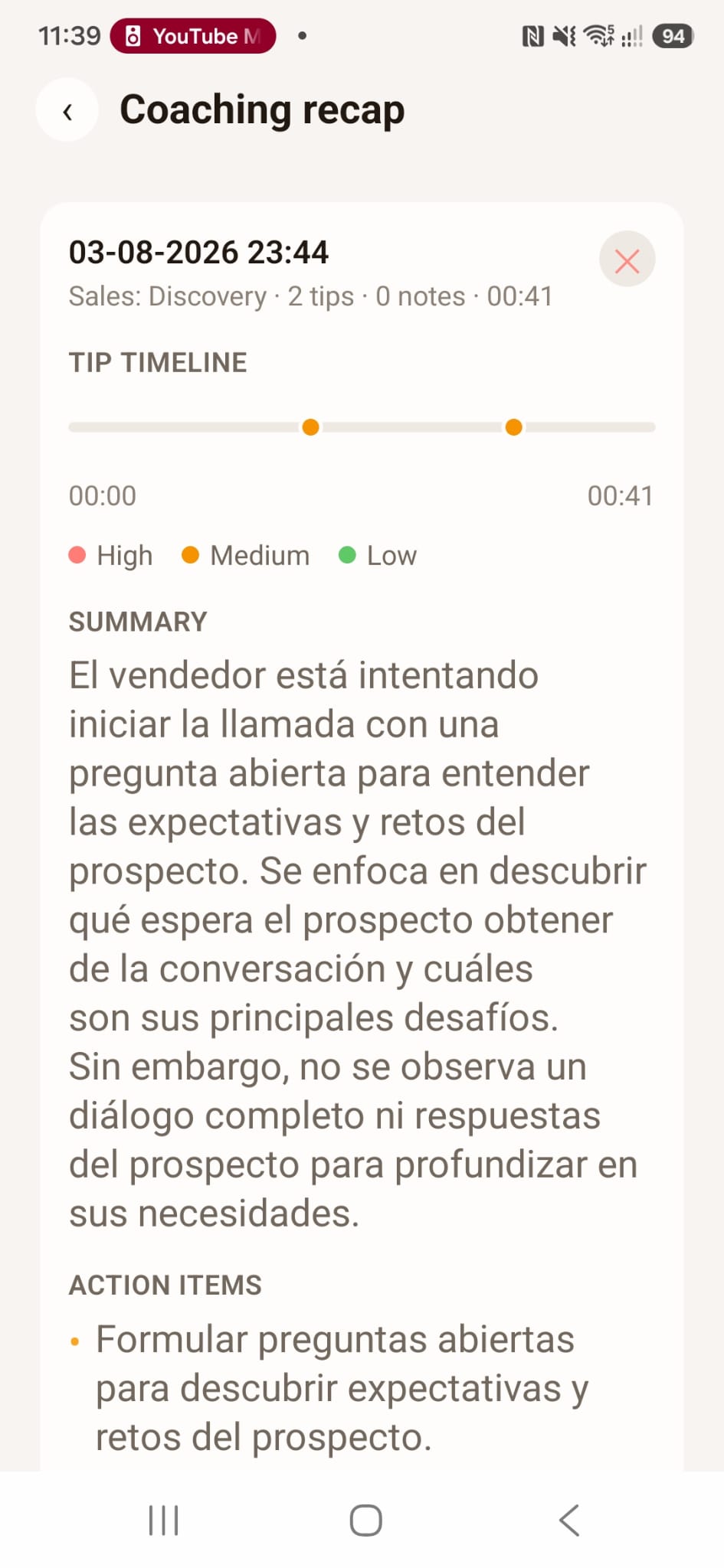 Meetfy.ai coaching session analysis with a summary and suggestions received