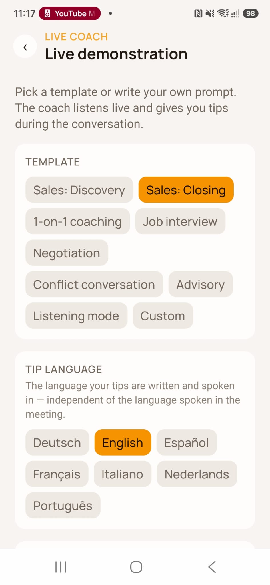 Selecting a Meetfy.ai coaching template for a sales meeting