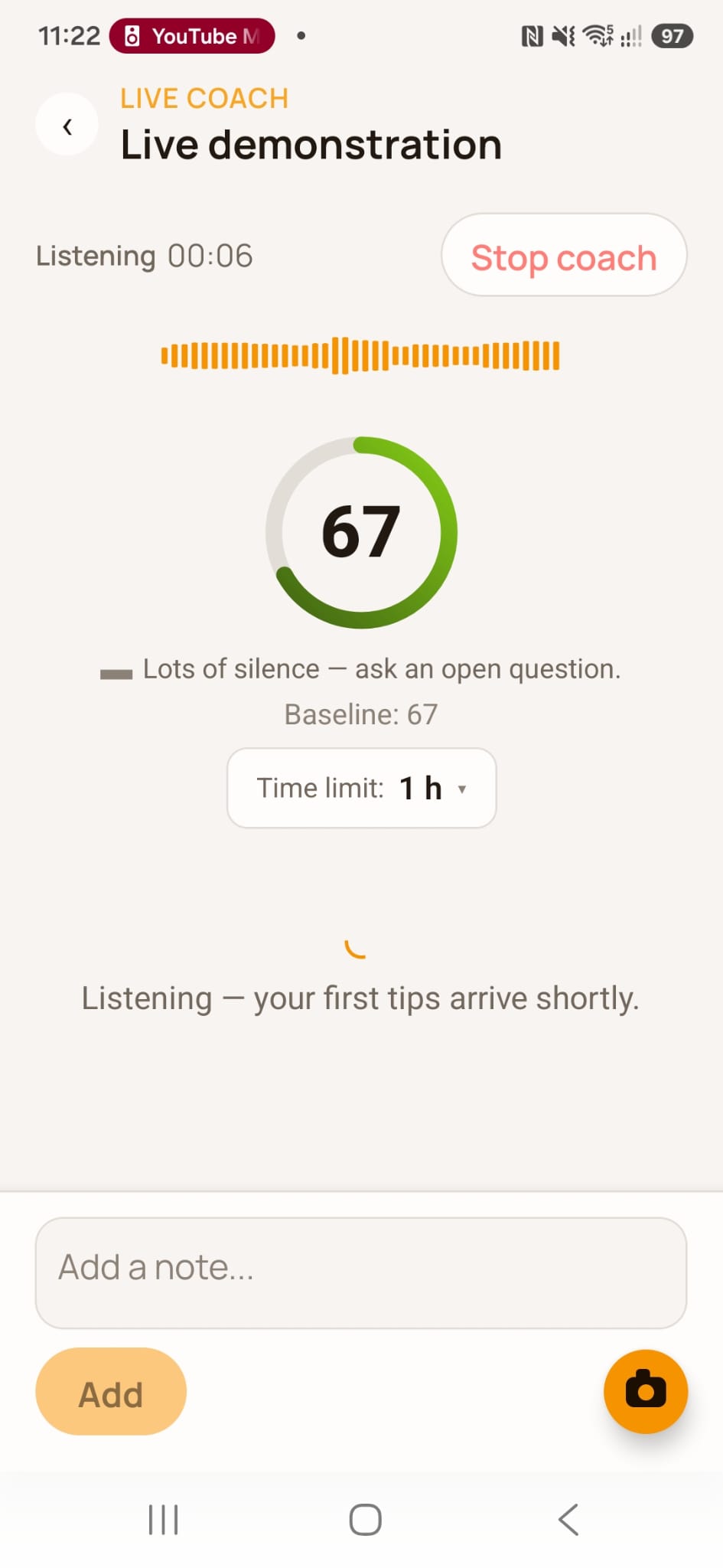 Live AI coaching during a sales meeting in Meetfy.ai