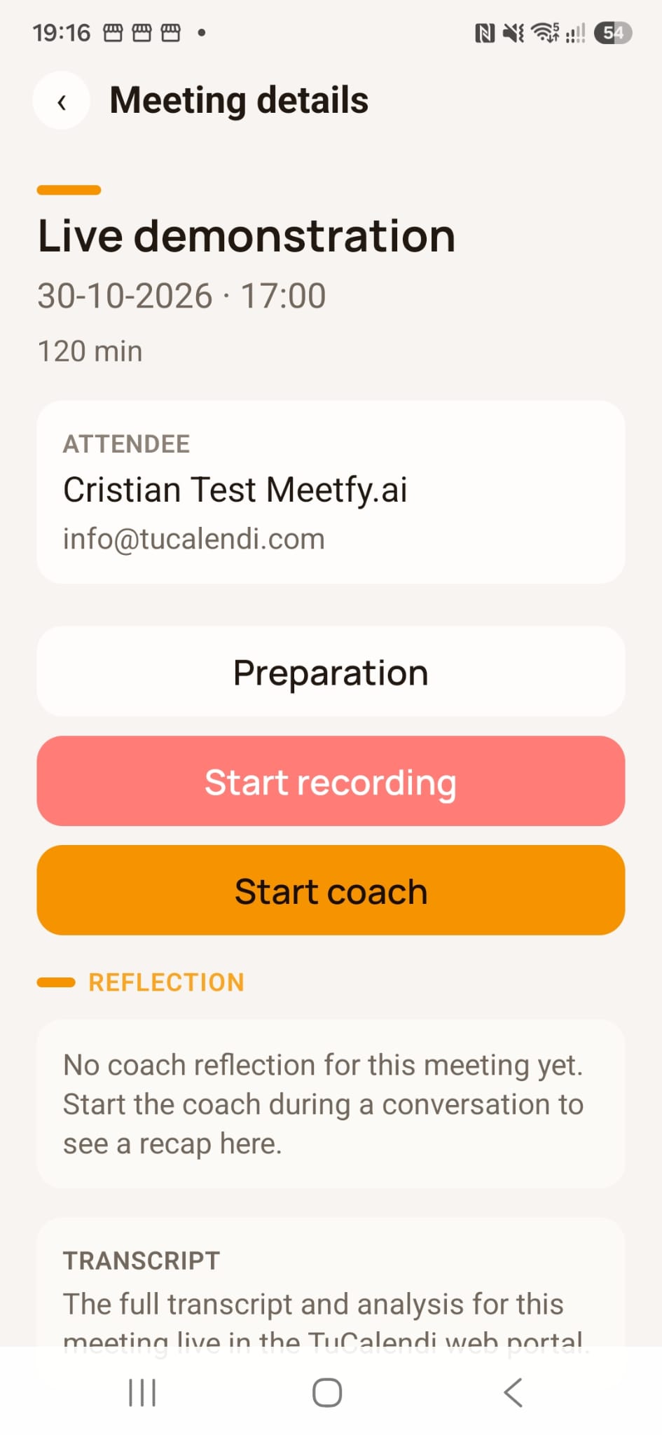 Meetfy.ai meeting details with options for preparation, recording and coaching