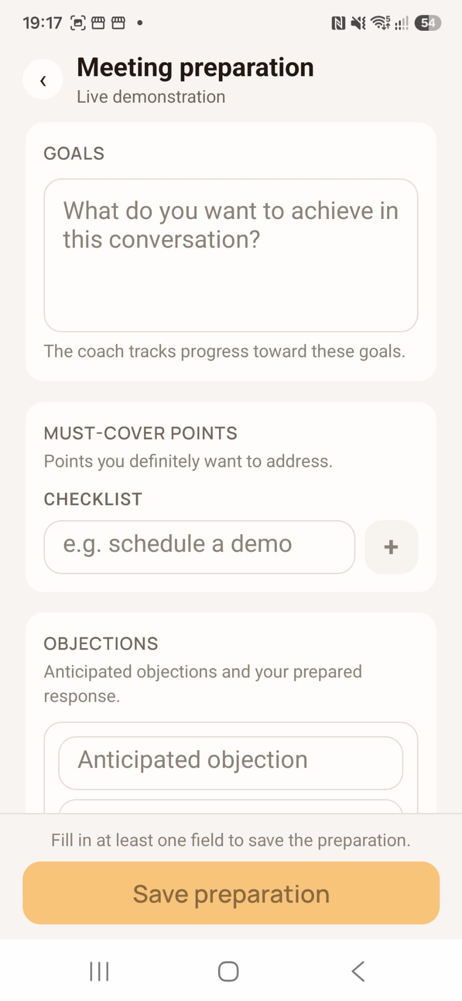 Meetfy.ai meeting preparation, goals