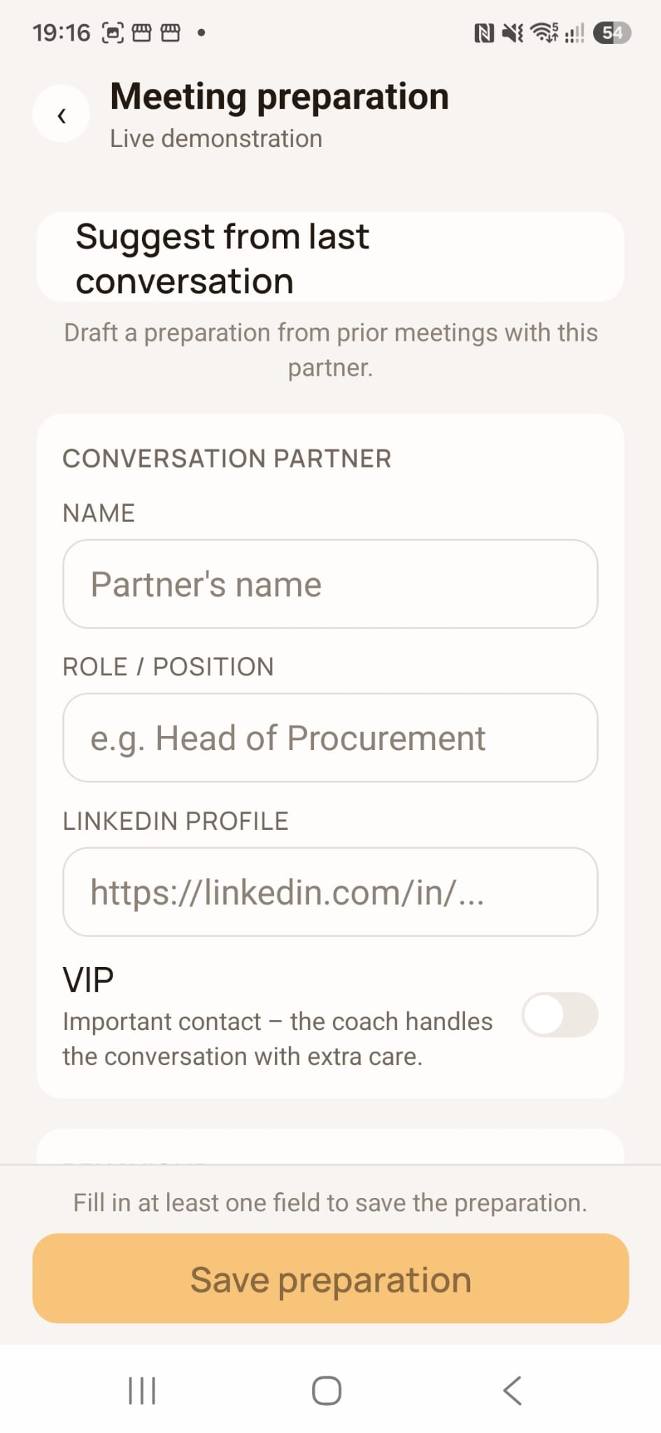 Meetfy.ai meeting preparation with participant name, role, LinkedIn profile and VIP option