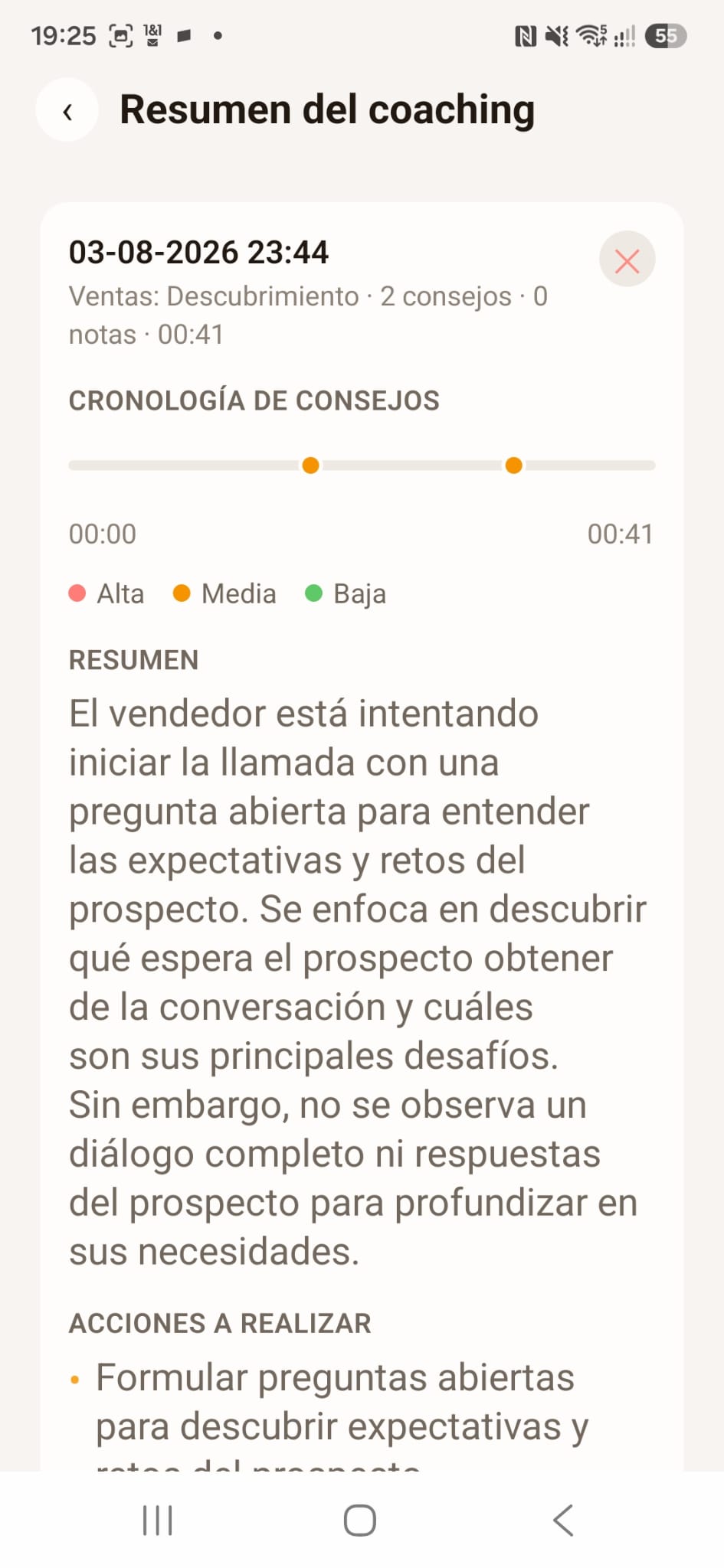 Análisis de una sesión de coaching en Meetfy.ai con resumen y consejos recibidos