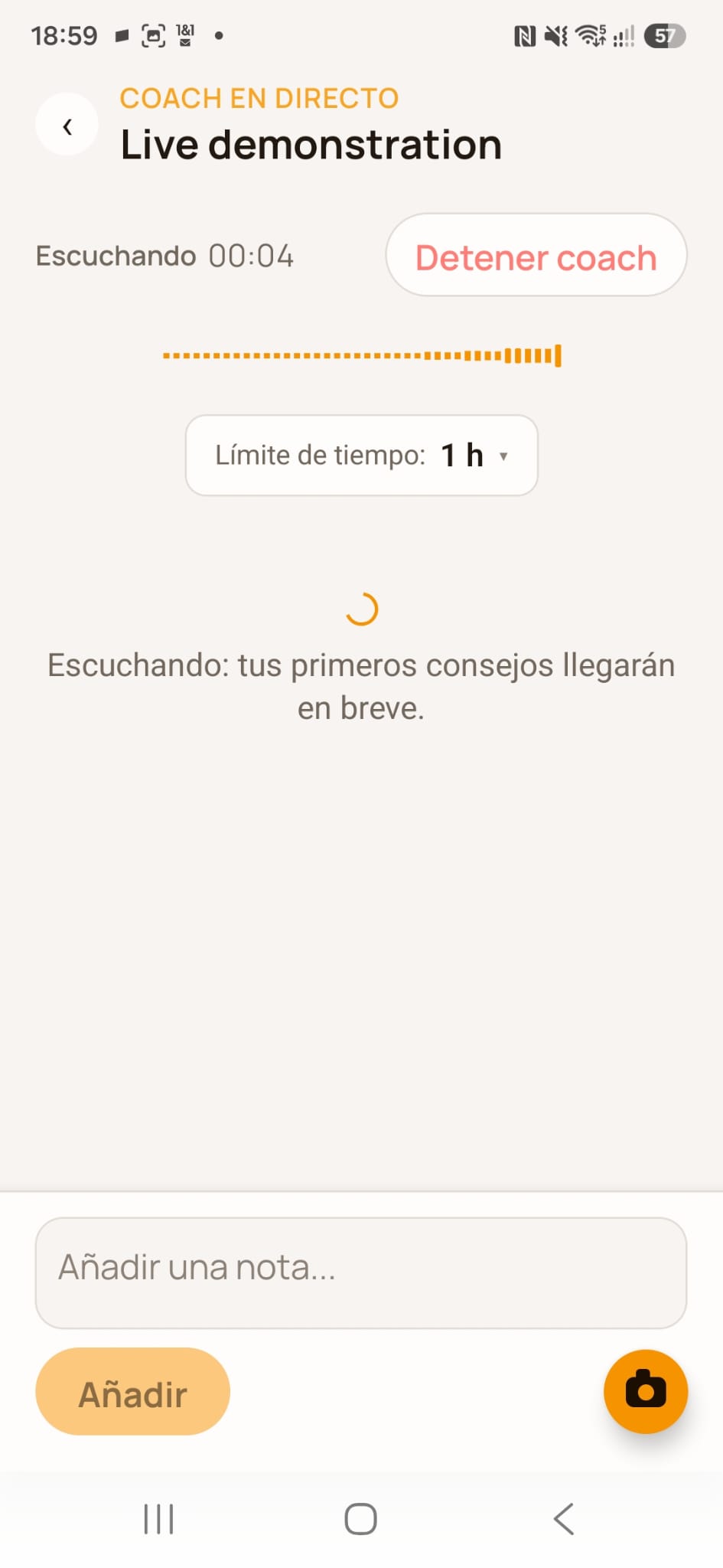 Coaching en directo con IA durante una reunión comercial en Meetfy.ai