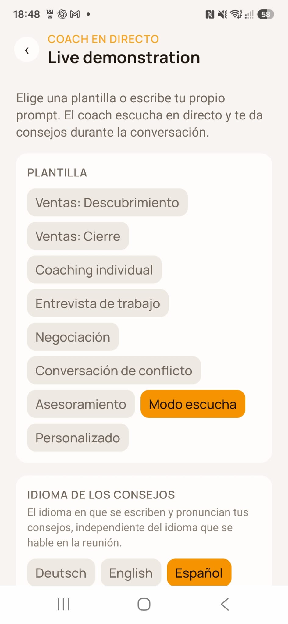 Selección de una plantilla de coaching en Meetfy.ai para una reunión comercial