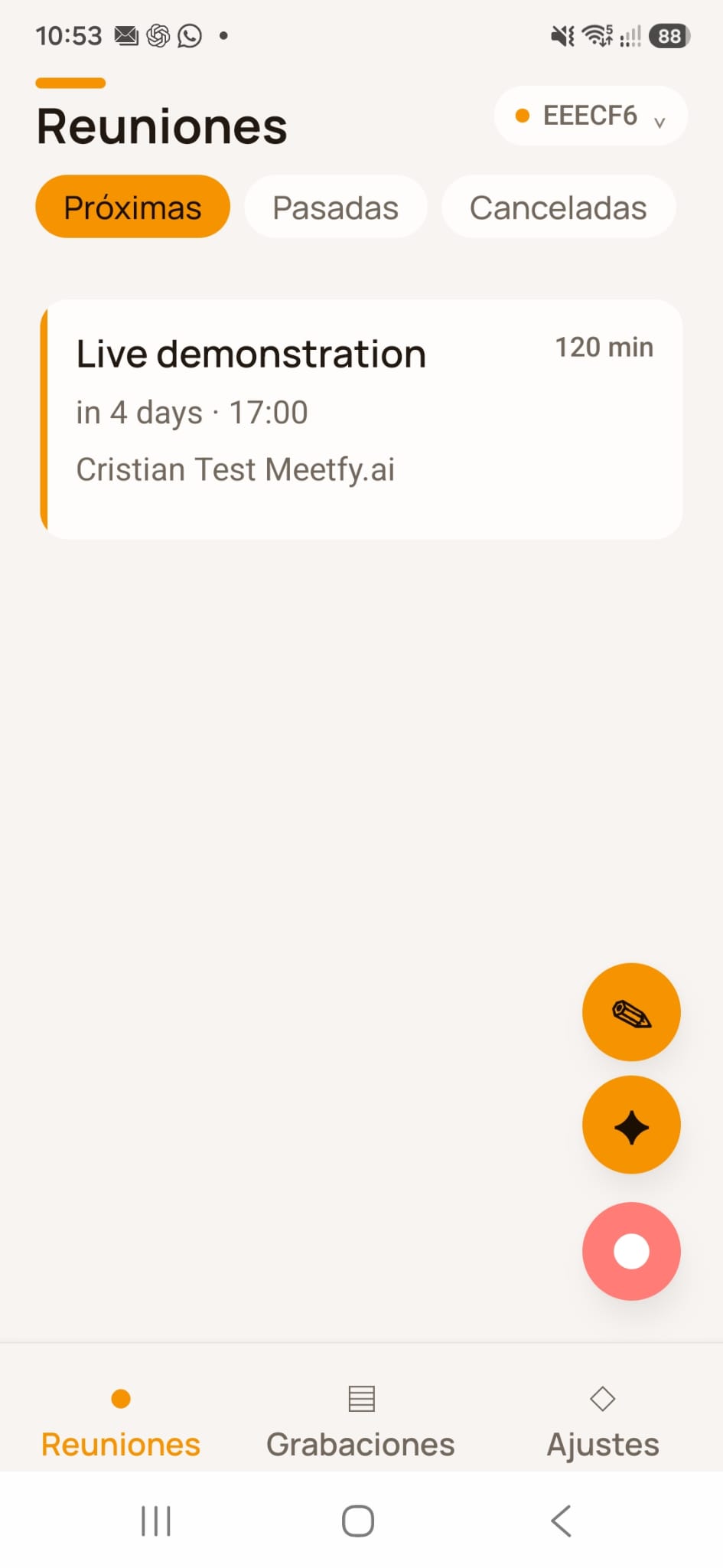 Reserva de TuCalendi en la pestaña Próximas de Meetfy.ai