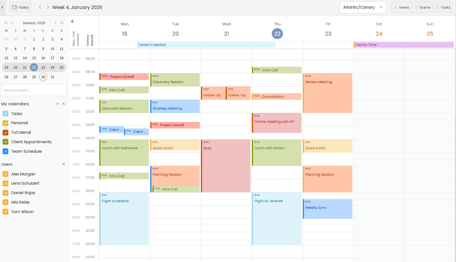 Vista semanal calendario con dos zonas horarias