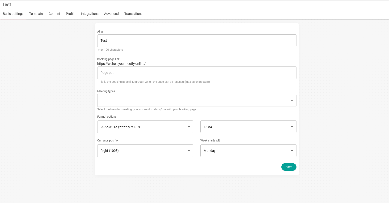 Booking page basic settings