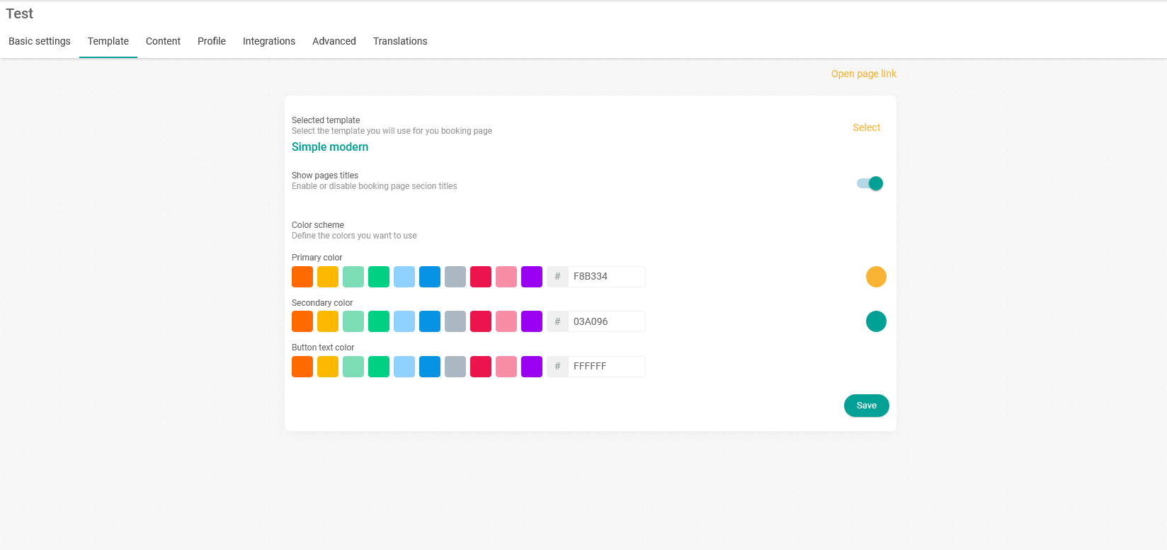 Booking pages template settings