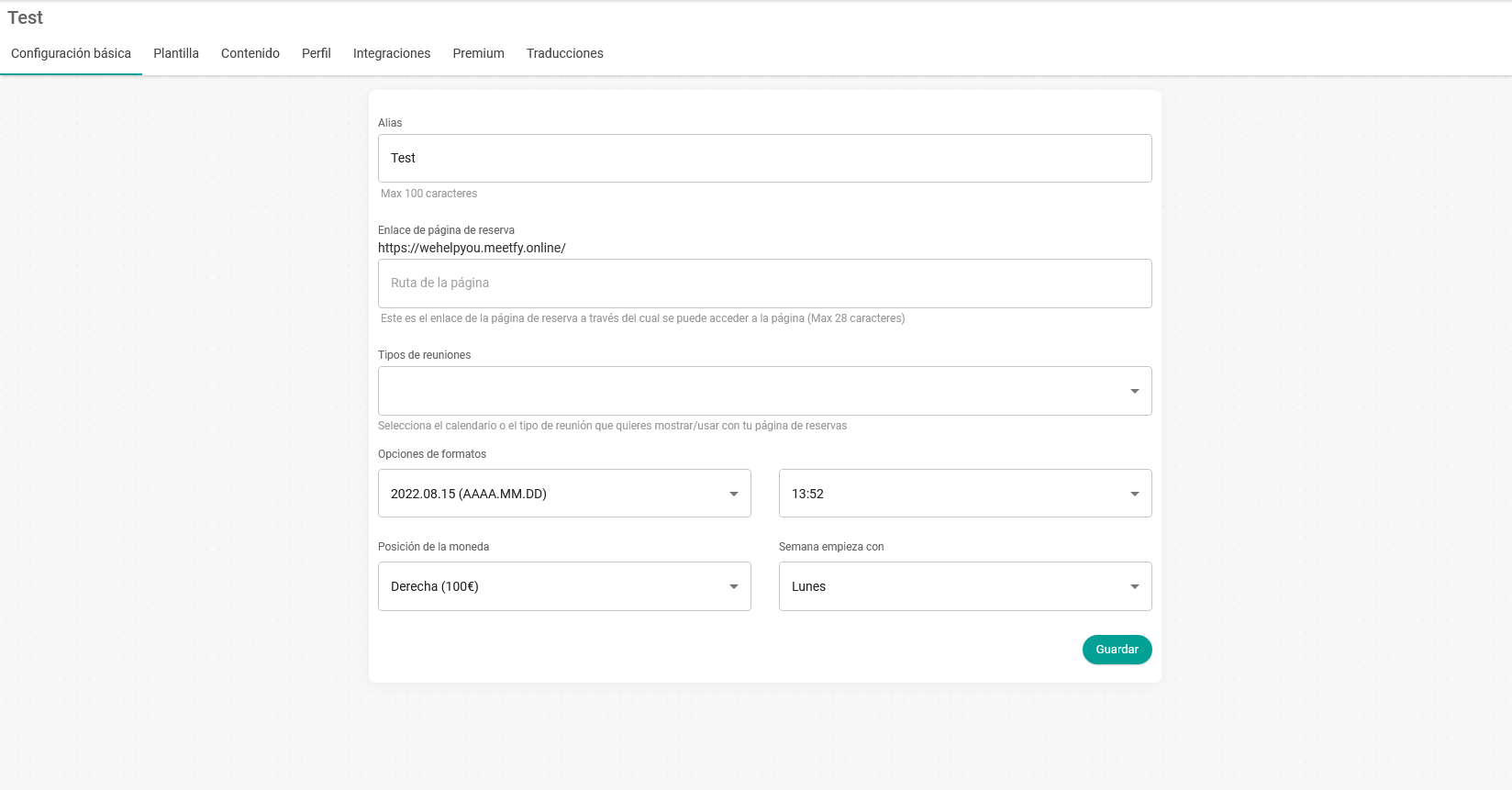 Configuración básica de la página de reservas