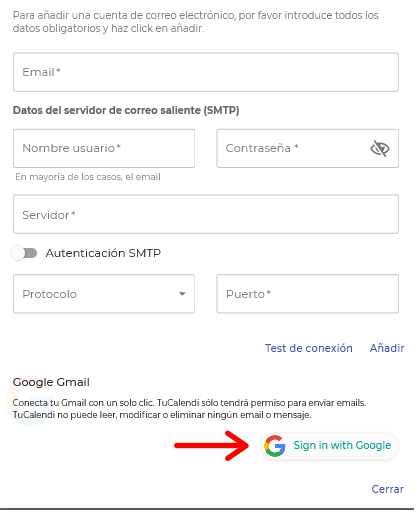 Añadir cuenta de Gmail a TuCalendi