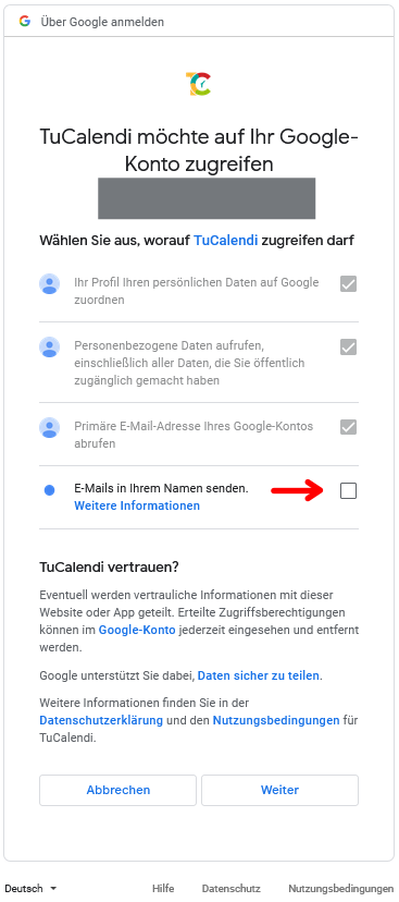 erlauben tucalendi senden gmail