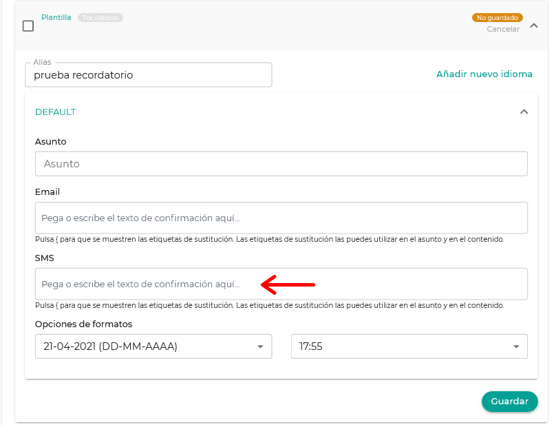 Editar SMS de recordatorio