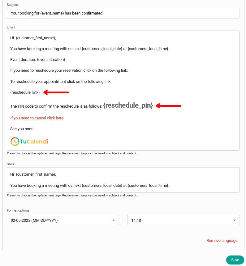Add tags to reschedule in confirmation template