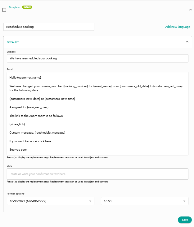 Customize a reschedule template