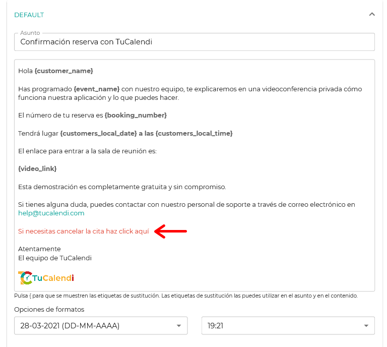Enlace de cancelación en la plantilla de confirmación de un evento