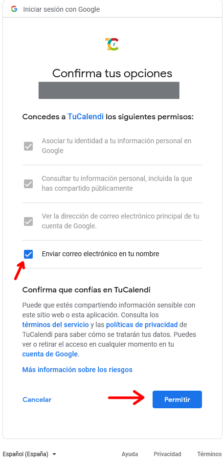 Permisos para integrar tu Gmail en TuCalendi