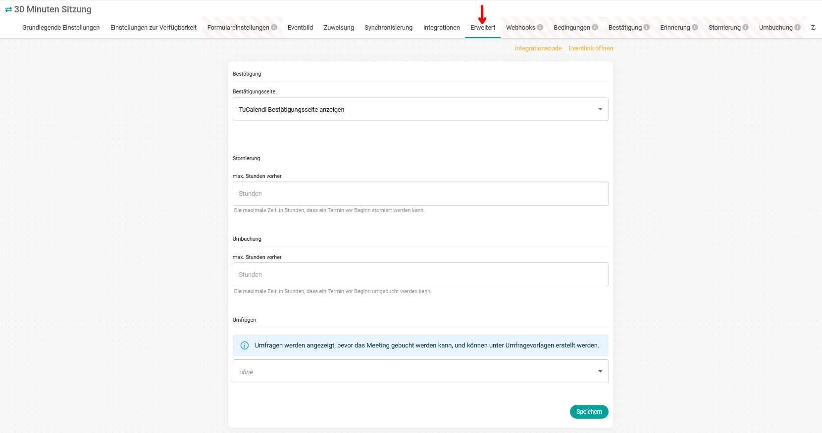 Ereigniseinstellungen erweitert