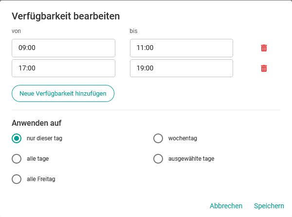 Bearbeiten Verfügbarkeit Tage Stunden