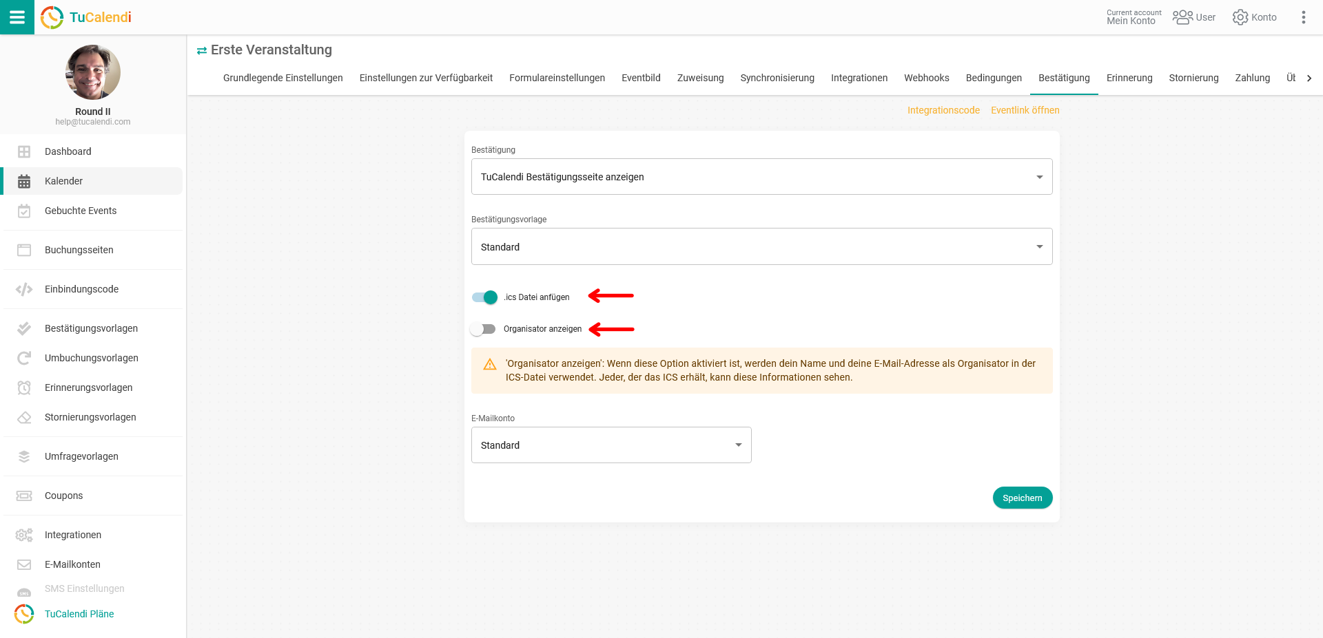 Ereigniseinstellungen anhängen ics-datei anzeigen organiser