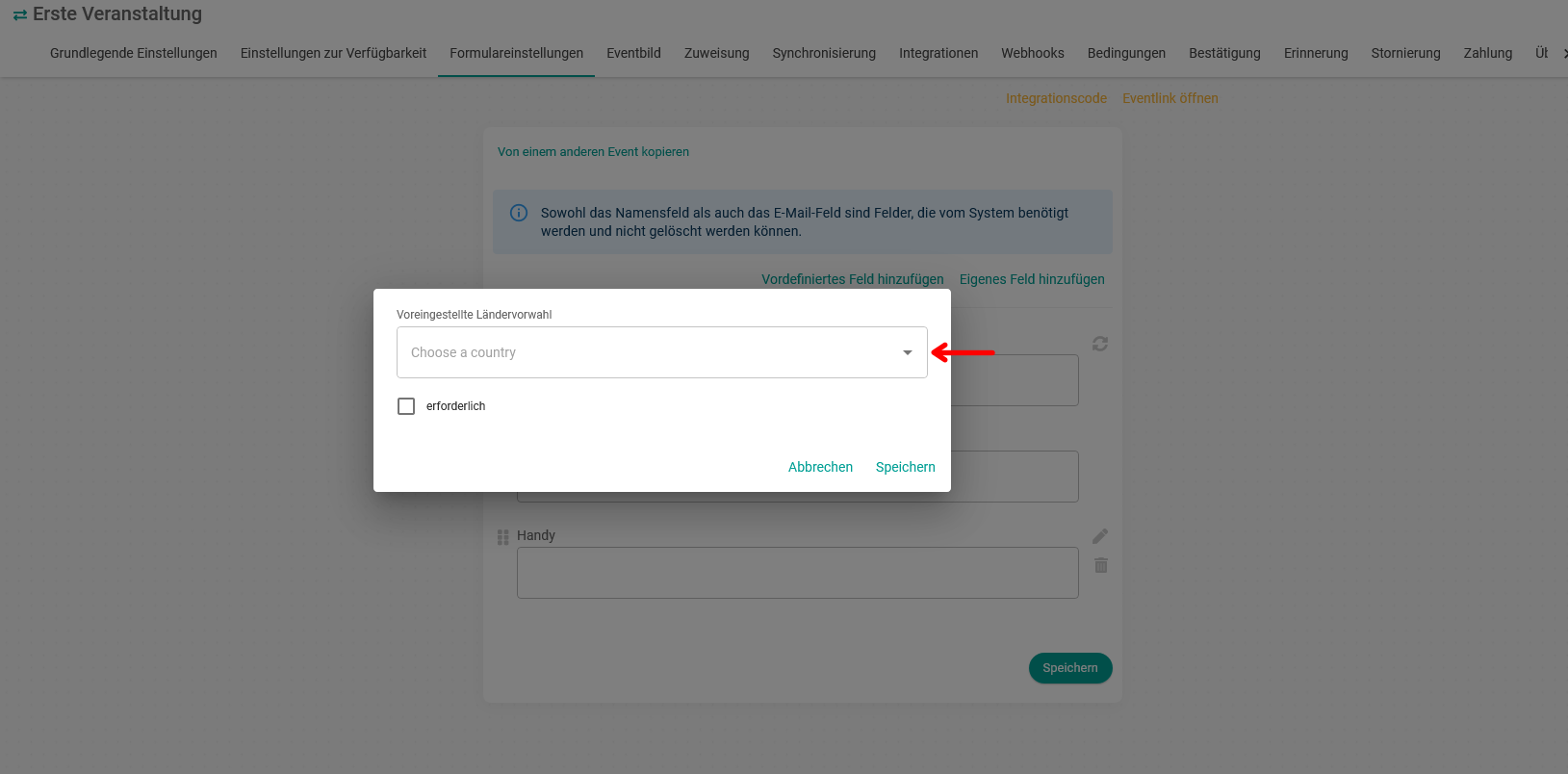 Formular Standard-Ländercode einstellen