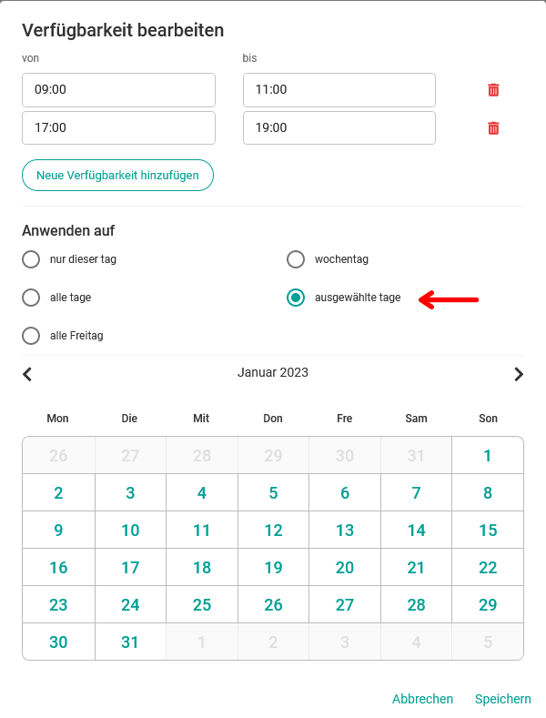 Verfügbarkeit an bestimmten Tagen bearbeiten
