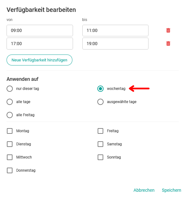 Verfügbarkeit Wochentag Bearbeiten