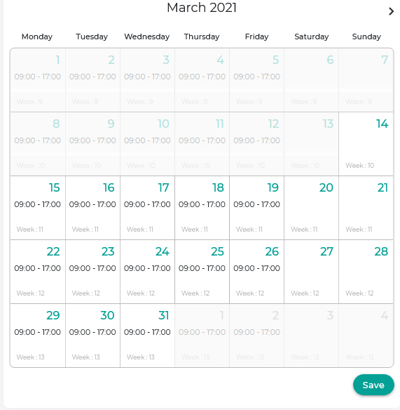 Setup event date and hours in a calendar
