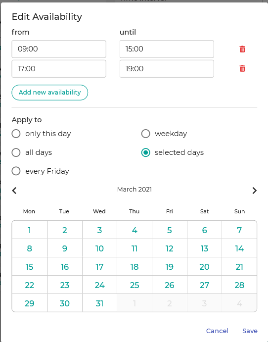 Edit availability selected days