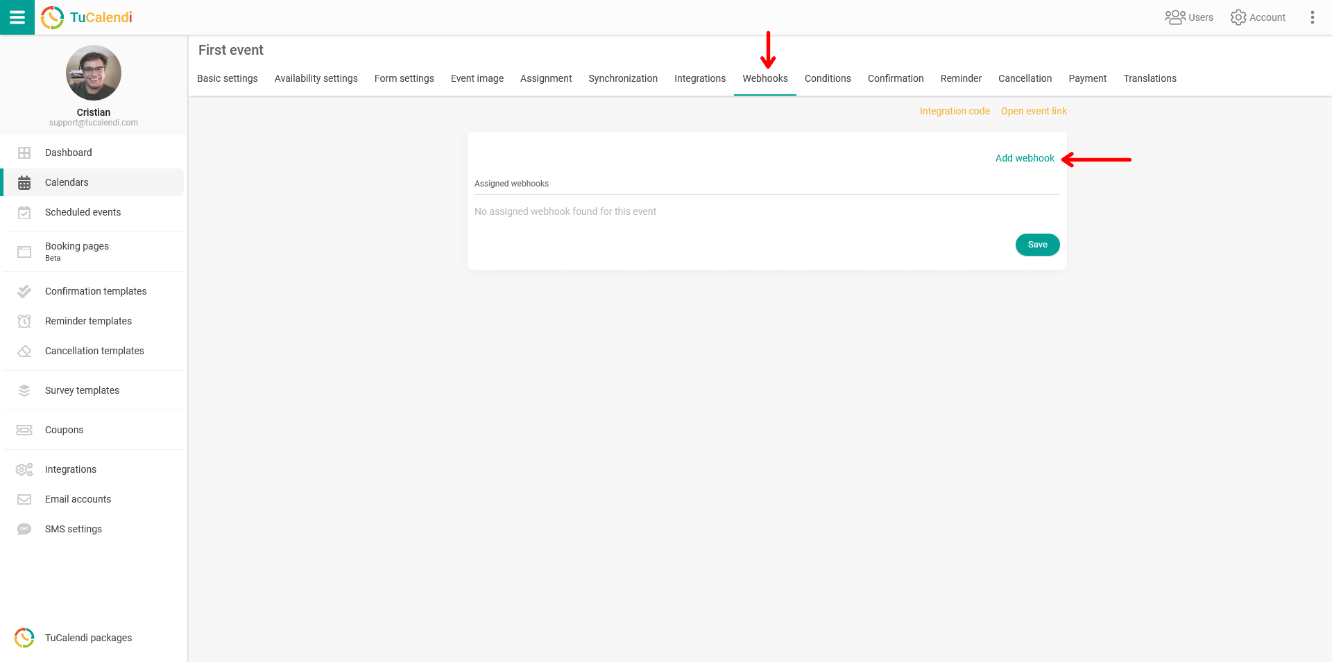 Event settings webhook