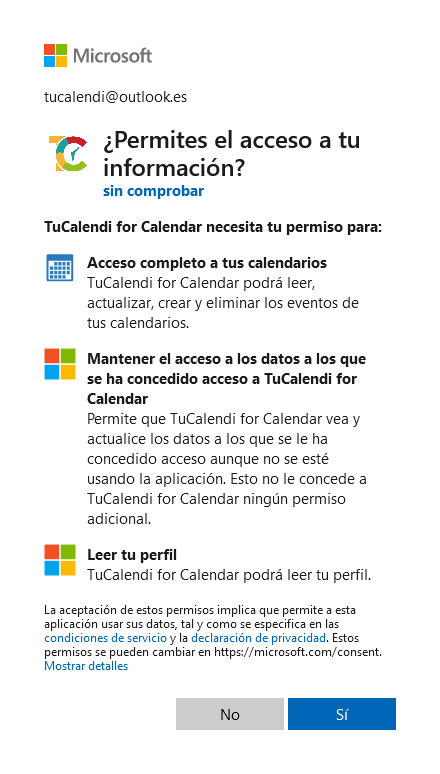 Permitir acceso TuCalendi con Outlook Calendar