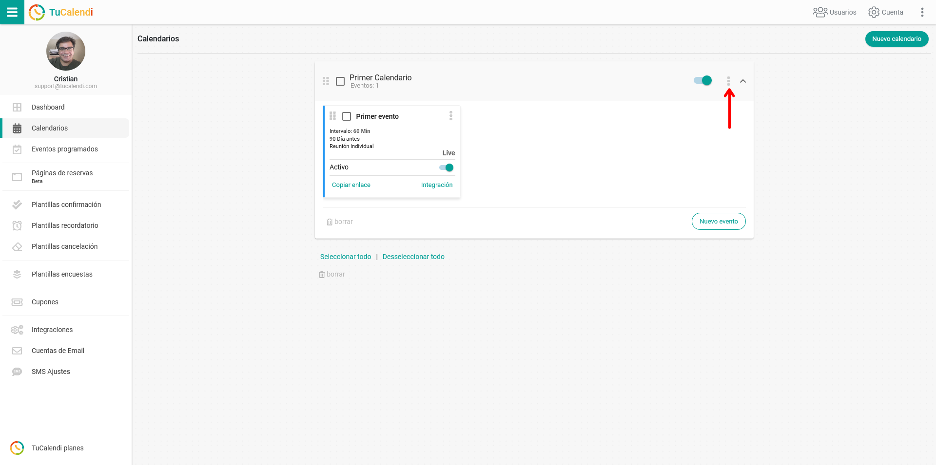 Acceso a configuración del calendario