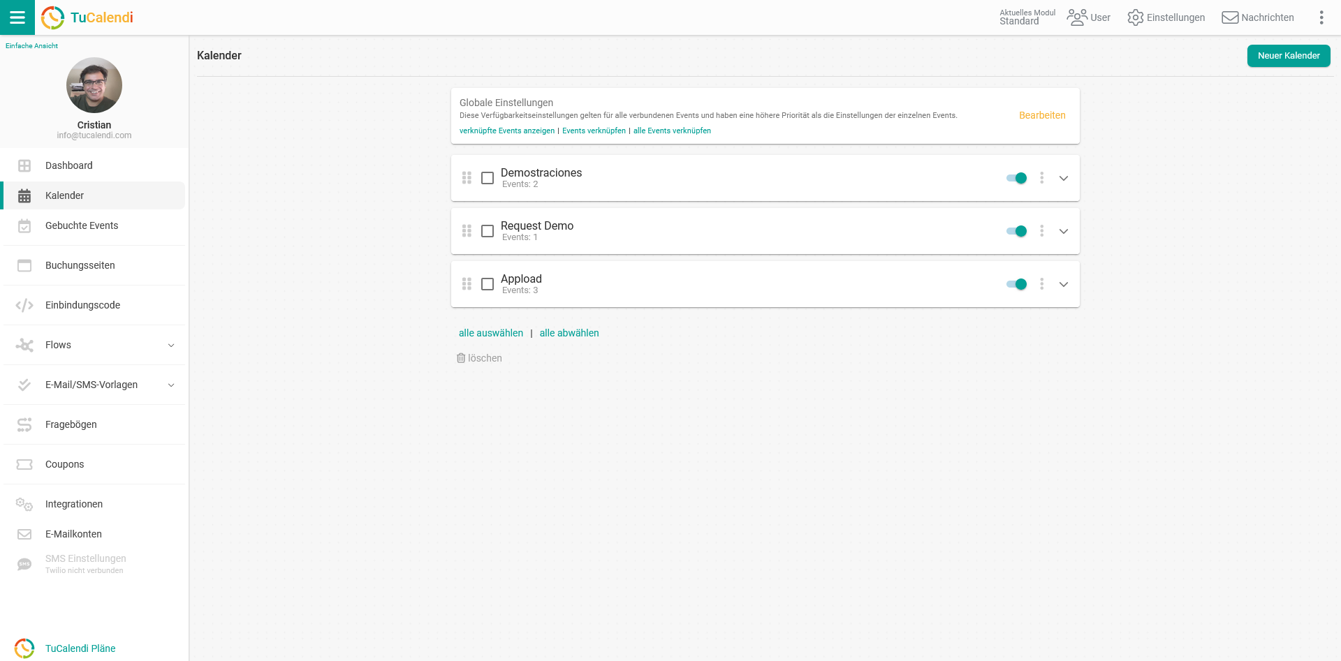 Dashboard Globale Einstellungen kalender