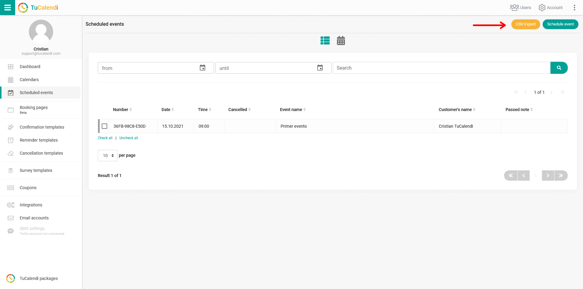 csv export scheduled events