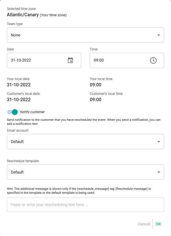 Notify customer the reschedule event