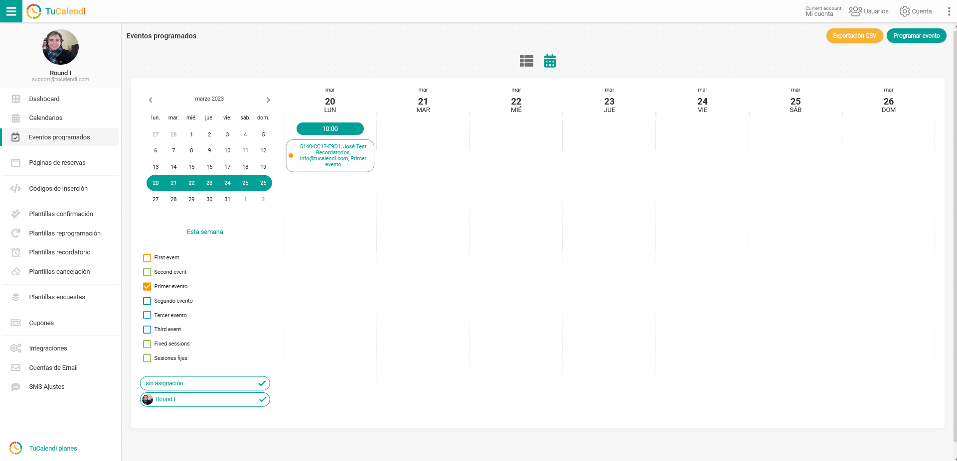 Eventos programados en TuCalendi