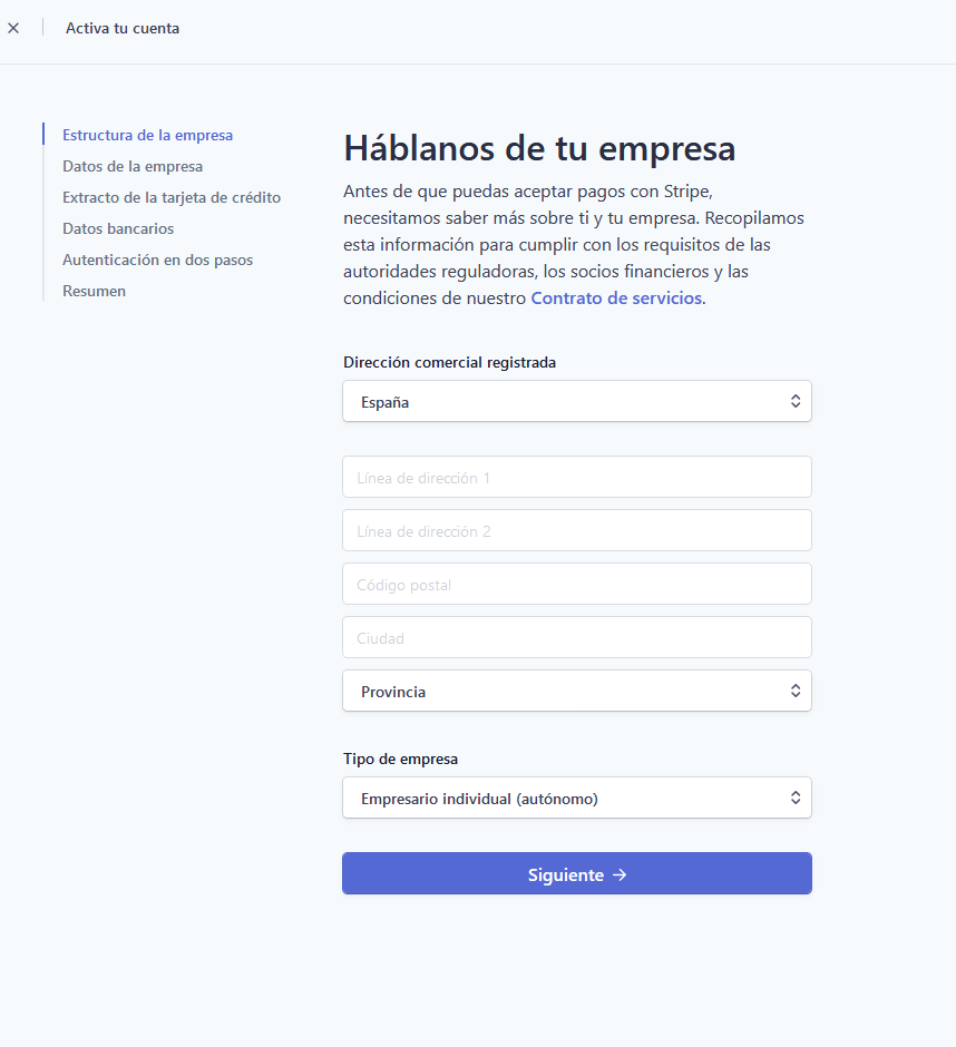 Información necesaria para activar la cuenta Stripe