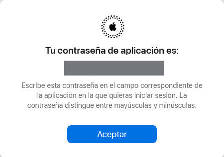 Contraseña aplicación Apple generada