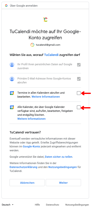 Berechtigungen für die Google Kalenderintegration