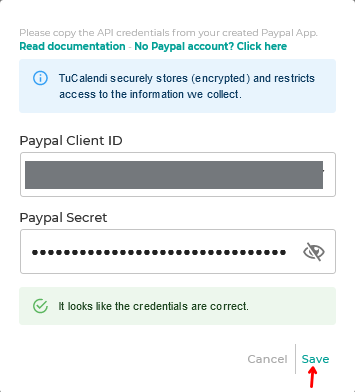 Save PayPal credentials