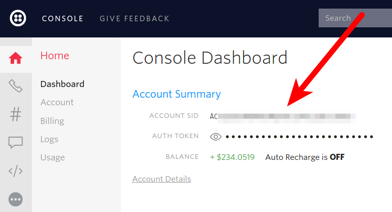 Twilio Console Dashboard